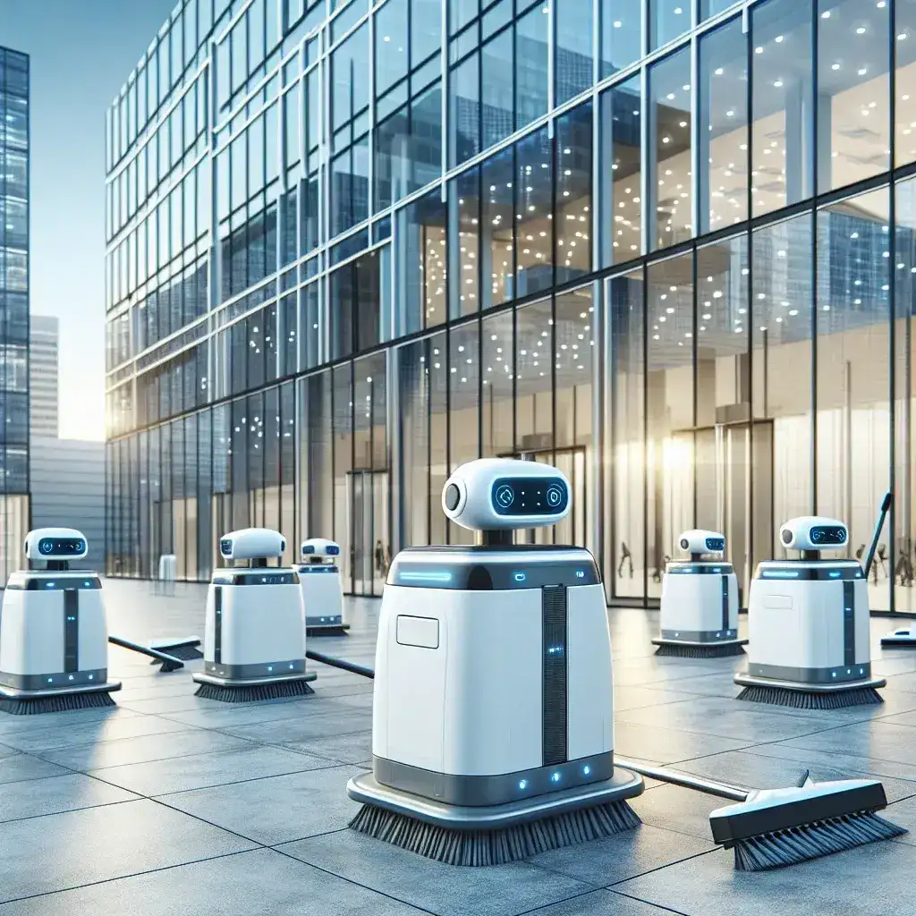 "Autonomous cleaning robot navigating a commercial office space, showcasing advanced technology and efficiency in maintaining cleanliness in modern buildings."