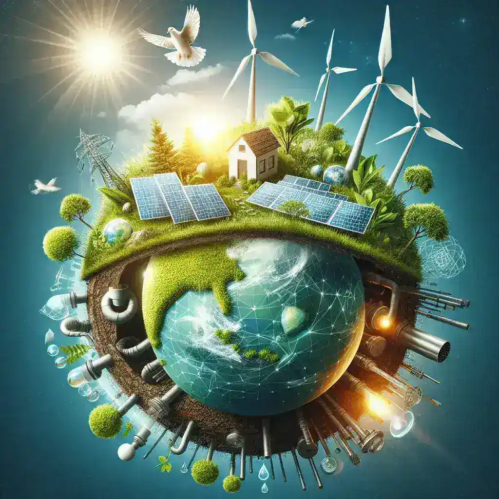"Illustration of various energy-saving technologies, including solar panels, energy-efficient appliances, and smart home systems, symbolizing a sustainable future in renewable energy."