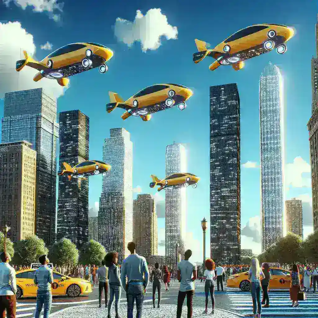 "Flying taxi in urban skyline, showcasing innovative air mobility solutions as commercial services launch in five major US cities, including New York, Los Angeles, and Chicago."