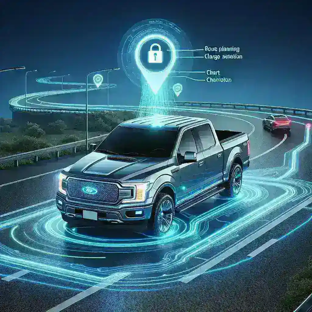 "Ford F-150 Lightning showcasing AI route planning technology with charging station locations highlighted on a digital map, emphasizing electric vehicle advancements."