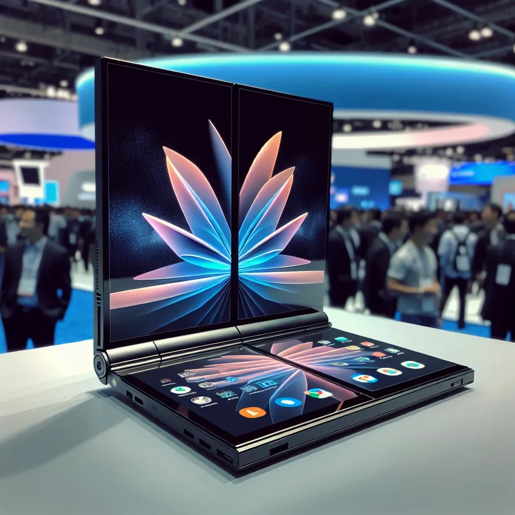 "Foldable dual-screen prototype laptop showcased by Dell at the U.S. Tech Expo, featuring innovative design and advanced technology."
